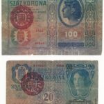 1912. 100K + 1913. 20K II. kiadás, mindkettő piros 'MAGYARORSZÁG' felülbélyegzéssel T:III- szakadás, anyaghiány