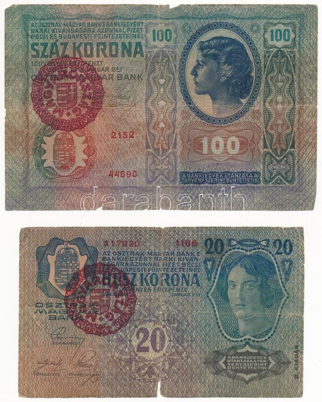 1912. 100K + 1913. 20K II. kiadás, mindkettő piros 'MAGYARORSZÁG' felülbélyegzéssel T:III- szakadás, anyaghiány