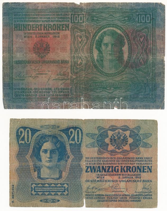 1912. 100K + 1913. 20K II. kiadás, mindkettő piros 'MAGYARORSZÁG' felülbélyegzéssel T:III- szakadás, anyaghiány - Image 2