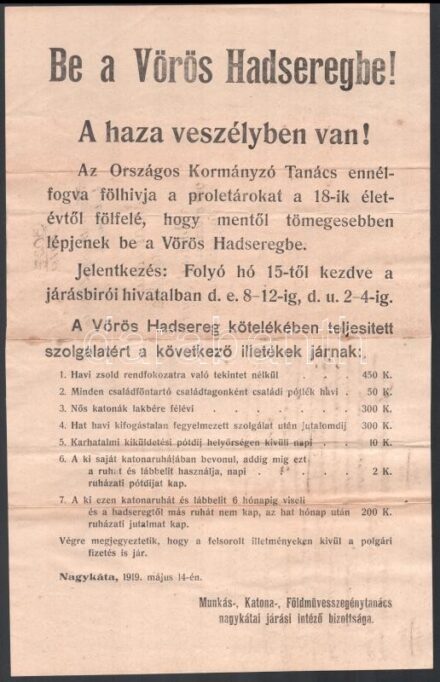 1919 Nagykáta, 'Be a Vörös Hadseregbe! A haza veszélyben van!' hirdetmény, hajtott, 42×26 cm
