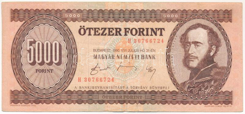 1990. 5000Ft 'H 30766724' T:III szakadás Hungary 1990. 5000 Forint 'H 30766724' C:F tear Adamo F49