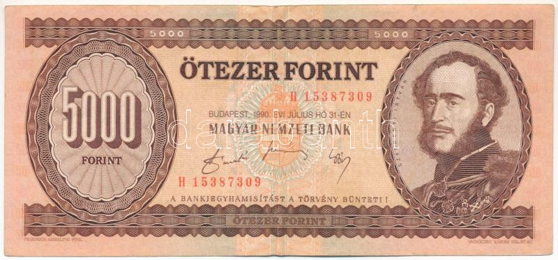 1990. 5000Ft 'H 15387309' T:III Hungary 1990. 5000 Forint 'H 15387309' C:F Adamo F49