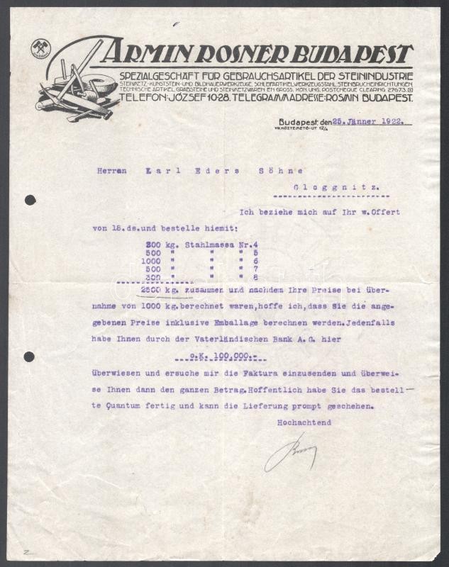 1922 Bp., Armin Rosner Spezialgeschäft für Gebrauchsartikel der Steinindustrie fejléces számla