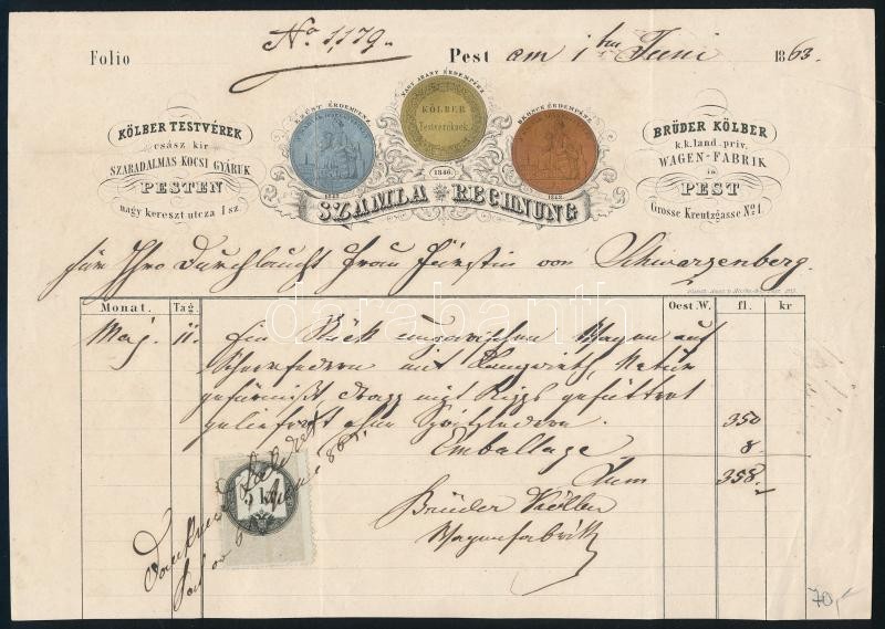 1863 Pest, Kölber Testvérek szabadalmas kocsi gyárak fejléces számla 5 kr okmánybélyeggel