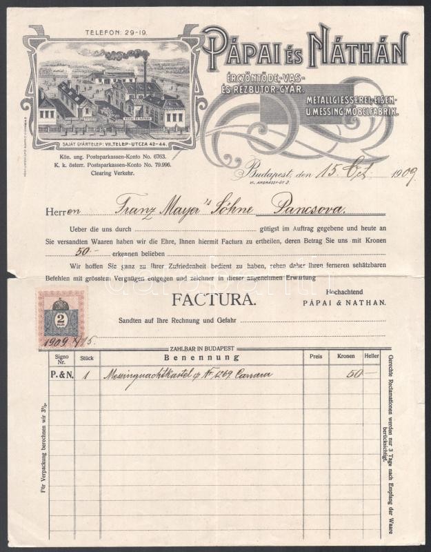 1909 Bp., Pápai és Náthán Ércöntöde, Vas- és Rézbútorgyár fejléces számla 2f illetékbélyeggel, raja a gyár látképével