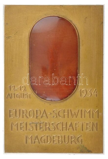 Német Harmadik Birodalom 1934. 'Európai Úszóbajnokság - Magdeburg 1934. augusztus 12-19.' borostyánbetétes bronz úszósport emlékplakett (94x64mm) T:1-,2 borostyánbetéten kis karcok, lepattanás / German Third Reich 1934.
