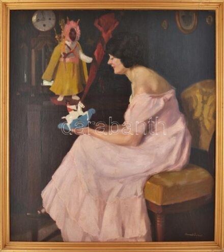 Romek Árpád (1883-1960): Hölgy játékokkal. Olaj, vászon, jelezve jobbra lent. Dublírozott. Dekoratív fakeretben. 100x90 cm / oil on canvas, signed lower right, framed