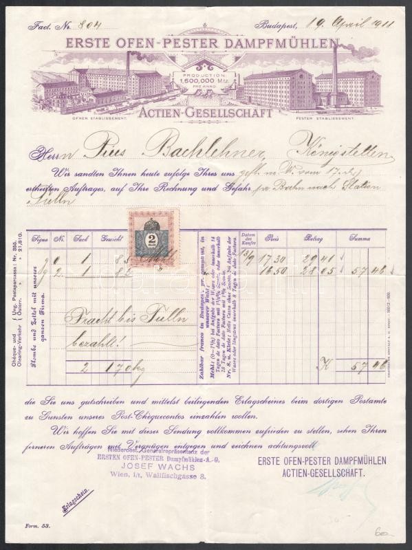 1911 Bp., Erste Ofen-Pester Dampfmühlen Actiengesellschaft fejléces számla, 2 f illetékbélyeggel, gyár látképével