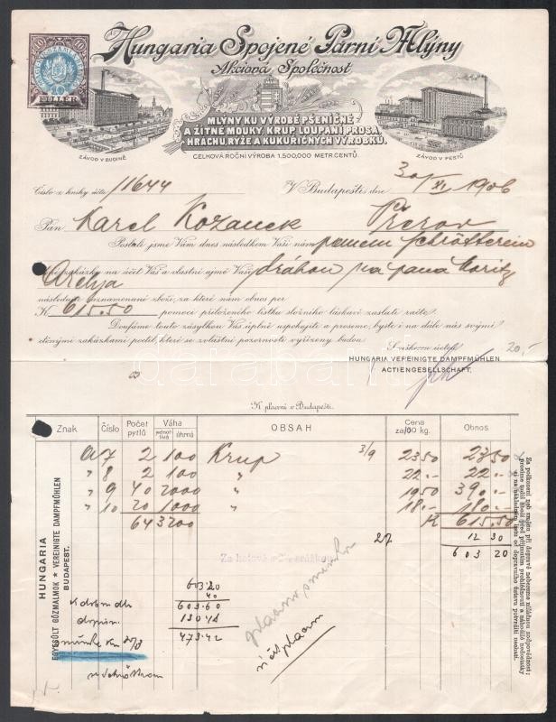 1906 Bp., Hungaria Spojené Parni Hlyny fejléces számla, rajta a gyár látképével