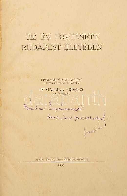 Dr. Gallina Frigyes: Tíz év története Budapest Életében. Bp., 1930, Bp. Székesfőváros Közönsége. Kiadói egészbőr kötés, kopottas állapotban. - Image 2
