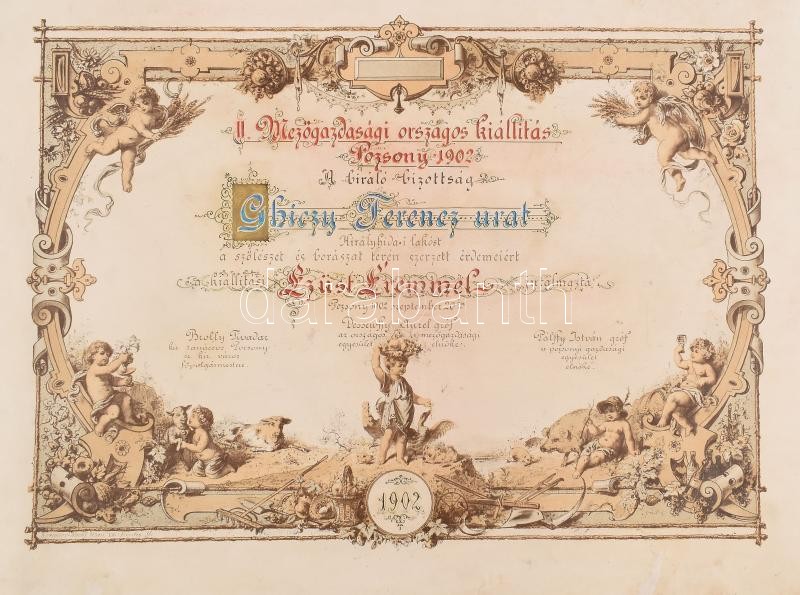 1902 Pozsony, II. Mezőgazdasági Országos Kiállítás ezüstérem oklevél Ghiczy Ferenc számára, restaurált