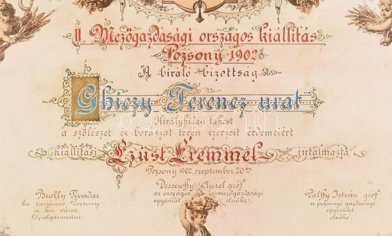 1902 Pozsony, II. Mezőgazdasági Országos Kiállítás ezüstérem oklevél Ghiczy Ferenc számára, restaurált - Image 2