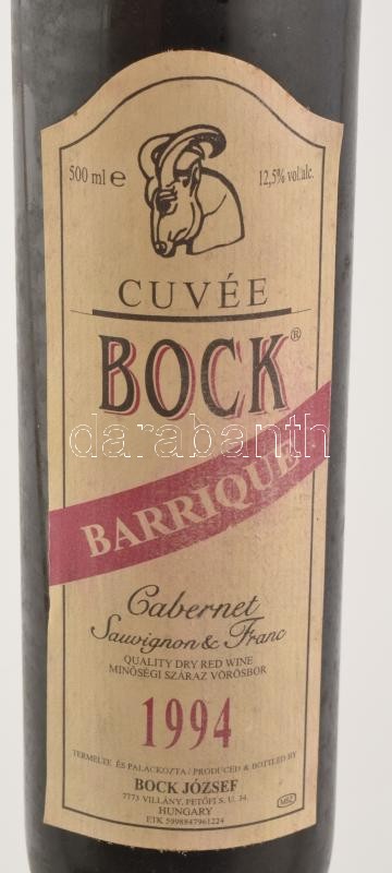 1994 Bock Villányi Bock Cuvée Cabernet Sauvignon & Cabernet Franc barrique, szakszerűen tárolt bontatlan palack vörösbor, 12,5%,, 0,5l. - Image 2