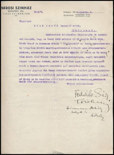 1936 Fedák Sári (1879-1955) színésznő aláírása levélen