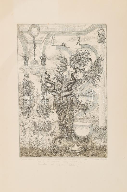 Balla Margit (1947- ): Lázár álma. Rézkarc, papír, jelzett, gyűrődésekkel, 30x20 cm. A művész saját kezű, bizalmas (trágár szavakat is tartalmazó) ajándékozási soraival.