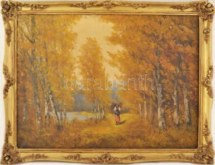 Kéthelyi István (?-?): Rőzsehordó nő tájban. Olaj, karton. Jelzett. fakeretben.80x60 cm.