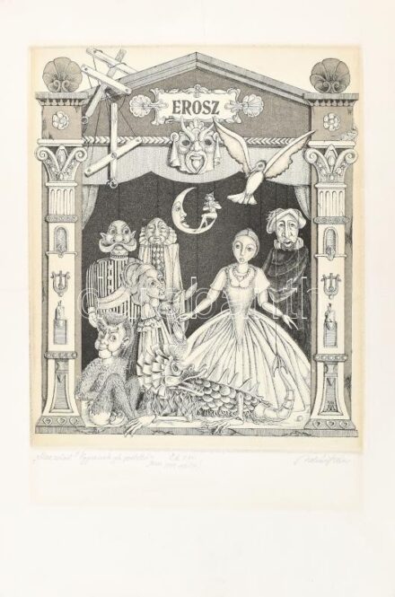 Molnár Iscsu István (1947- ): Meseszünet. Rézkarc, papír, jelzett, számozott (X/XV), saját kezű ajándékozási sorokkal, a lap széle sérült, 29,5x24 cm.