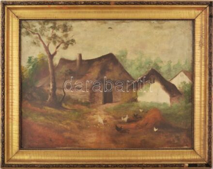 Budaváry Sándor (?-?):: Baromfiudvar. Olaj, vászon. Sérült . keretben.80x60 cm.