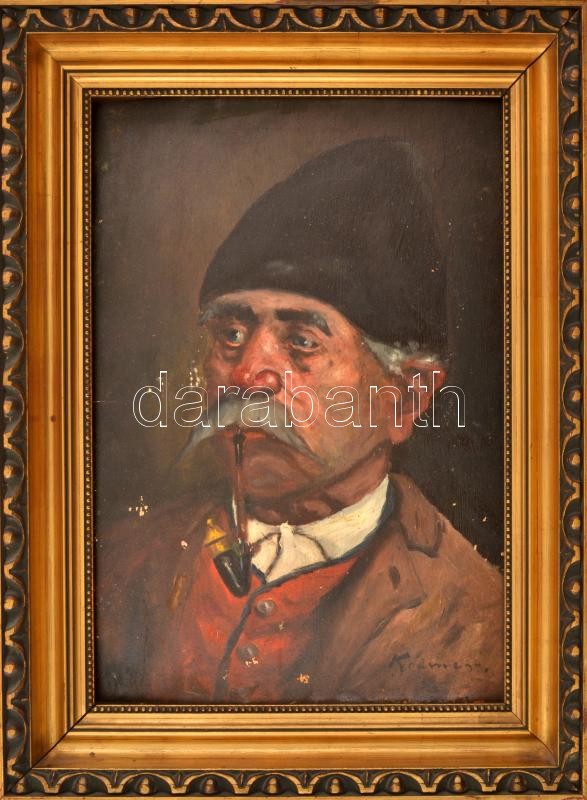 Krámer jelzéssel: Pipázó férfi. Olaj, karton, sérült. Keretben 36x26 cm