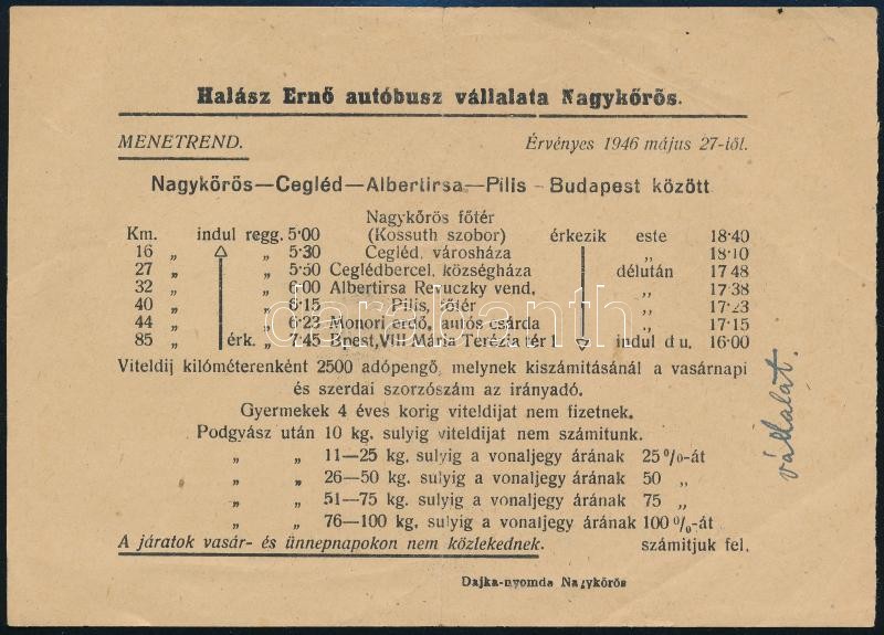 1946 Nagykőrös, Halász Ernő Autóbusz Vállalata menetrend
