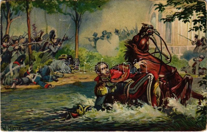 Die Völkerschlacht 1813. Tod Poniatowskis in der Elster bei Leipzig / Battle of the Nations (Battle of Leipzig) s: W. Hinze (fa)