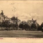 1902 München, Munich; Kaiser Ludwigsplatz mit Theresien-Gymnasium / square, grammar school (tear)
