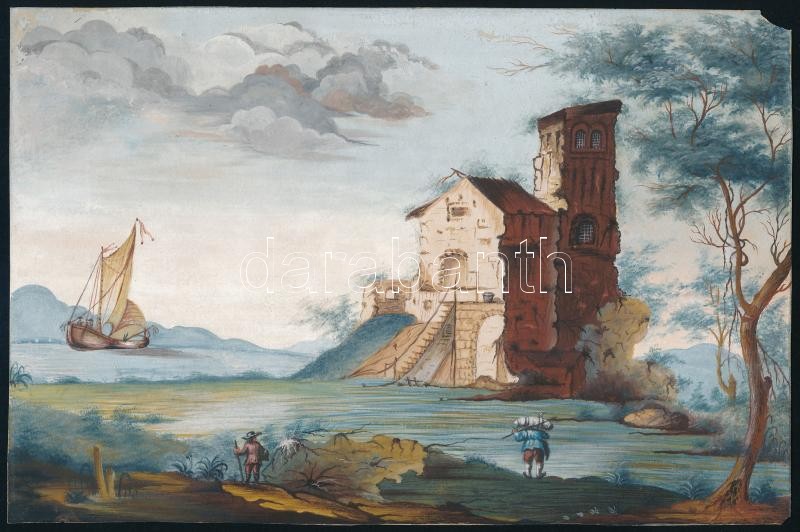 Jelzés nélkül, feltehetően XIX. sz. festő. Romantikus táj vitorlással. Akvarell, papír. Jobb felső sarkában sérült. 17x25 cm