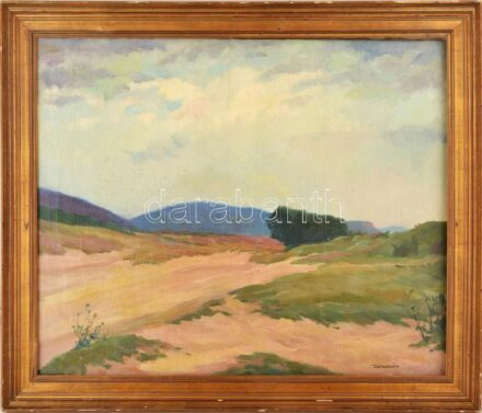 Várdeák Ferenc (1897-1971): Hegyvidéki táj (Óbuda v. Buda környéke?). Olaj, vászon. Jelzett. 64,5x79 cm. Dekoratív, kissé sérült fakeretben.