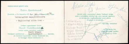 1978 Bp., meghívó a Ferencváros Baráti Kör Clubházában rendezett találkozóra, rajta az FTC labdarúgóinak autográf aláírásával: Szokolai László (1952- ), Juhász István (1945- ), Vad István (1953- ), Hajdú József (1946- ),