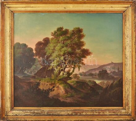 Jelzés nélkül, feltehetően osztrák vagy német festő, XIX. sz. második fele: Vízparti romantikus táj. Olaj, vászon. Dublírozott. Dekoratív, sérült fakeretben. 61×72 cm