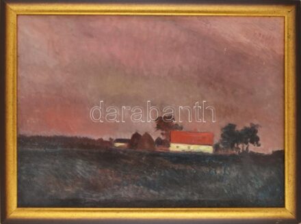 Jelzés nélkül, feltehetően XX. sz. közepén működött alföldi festő: Tanya naplementében. Olaj, karton. Javított. Kissé sérült. Dekoratív fakeretben. 70×96 cm. KIZÁRÓLAG SZEMÉLYES ÁTVÉTEL, NEM POSTÁZZUK! / ONLY PERSONAL