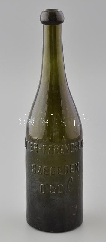 Hutter-Ferencsevits Szeged sörös üvegpalack, kopásnyomokkal, 0,5 l, m: 28,5 cm