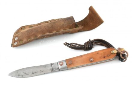 Paraszt egyedi készítésű zsebkés, bicska. Fa, réz. 22 cm Bőr tokkal