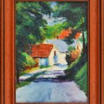 Mészáros jelzéssel: Ház a fák között. Olaj, farost, fa keretben, 24x16,5 cm