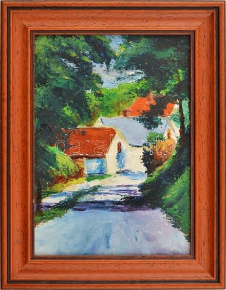 Mészáros jelzéssel: Ház a fák között. Olaj, farost, fa keretben, 24x16,5 cm