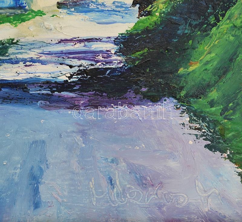 Mészáros jelzéssel: Ház a fák között. Olaj, farost, fa keretben, 24x16,5 cm - Image 2