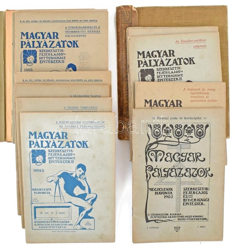 1903-1907 Magyar Pályázatok. Szerk.: Fejér Lajos és Ritter Ignácz építészek. 17 db szám (I. évf. 1., 5-8., 11-12. sz., II. évf. 2-3., 7. sz., III. évf. 2., 4., 8-9. sz., IV. évf. 1-2. sz., V. évf. 1. sz.), közte a folyóirat induló