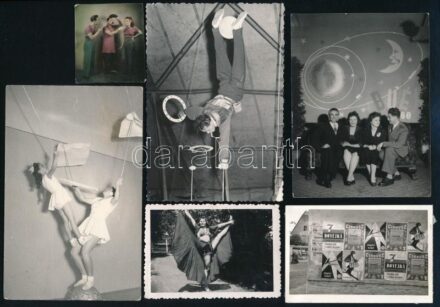 Cirkuszi artisták fotói vegyes méretben és állapotban + egy meghívó, 6×8,5 és 12×16 cm közötti méretekben