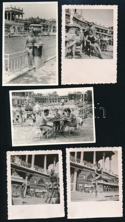 cca 1960 Fürdőzők a Széchenyi fürdőben, 5 db fotó, 6×6 és 6×9 cm közötti méretekben