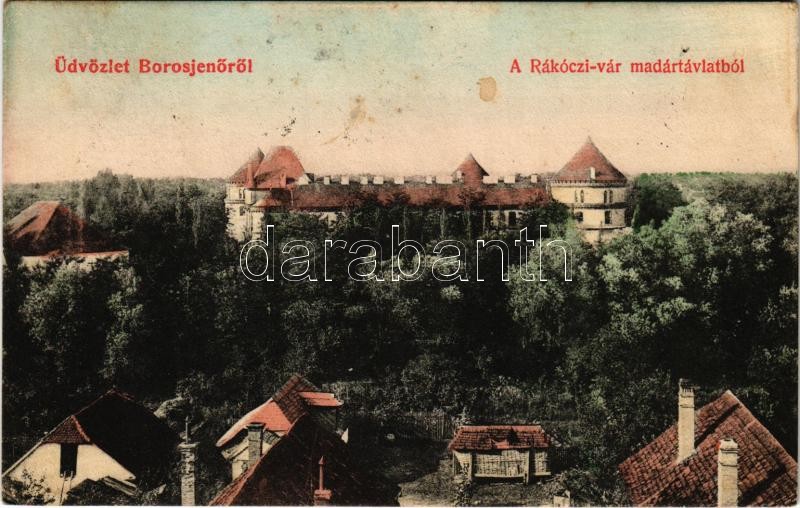 1907 Borosjenő, Borosineu, Ineu; Rákóczi vár madártávlatból. Kerpel Izsó kiadása / castle + 'GURAHONCZ - ARAD 69. SZ.' vasúti mozgóposta bélyegző (fl)
