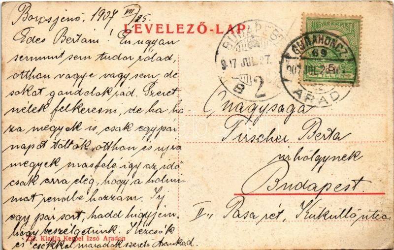 1907 Borosjenő, Borosineu, Ineu; Rákóczi vár madártávlatból. Kerpel Izsó kiadása / castle + 'GURAHONCZ - ARAD 69. SZ.' vasúti mozgóposta bélyegző (fl) - Image 2