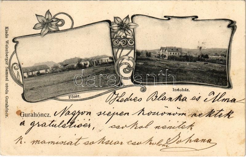 1907 Gurahonc, Honctő, Gurahont; Fő tér, Indóház, vasútállomás. Weiszberger Sámuel utóda kiadása / main square, railway station. Art Nouveau, floral (szakadás / tear)