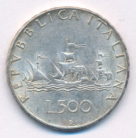 Olaszország 1958R 500L Ag 'Kolumbusz hajói' T:2 patina Italy 1958R 500 Lire Ag 'Columbus' Ships' C:XF patina Krause KM#98