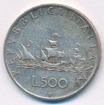 Olaszország 1958R 500L Ag 'Kolumbusz hajói' T:2 patina Italy 1958R 500 Lire Ag 'Columbus' Ships' C:XF patina Krause KM#98