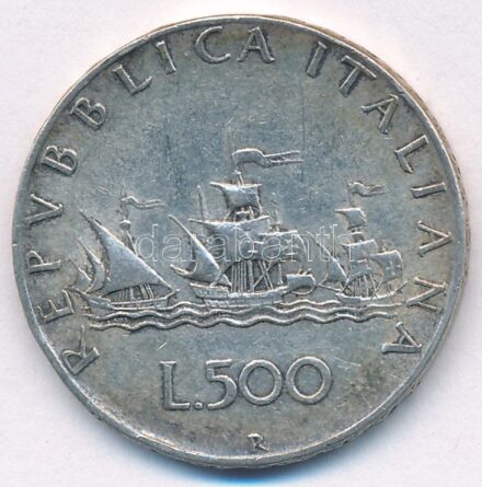 Olaszország 1958R 500L Ag 'Kolumbusz hajói' T:2 patina Italy 1958R 500 Lire Ag 'Columbus' Ships' C:XF patina Krause KM#98
