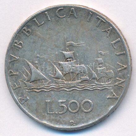 Olaszország 1958R 500L Ag 'Kolumbusz hajói' T:2,2- patina Italy 1958R 500 Lire Ag 'Columbus' Ships' C:XF,VF patina Krause KM#98