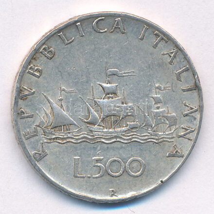 Olaszország 1958R 500L Ag 'Kolumbusz hajói' T:2,2- patina, ph. Italy 1958R 500 Lire Ag 'Columbus' Ships' C:XF,VF patina, edge error Krause KM#98