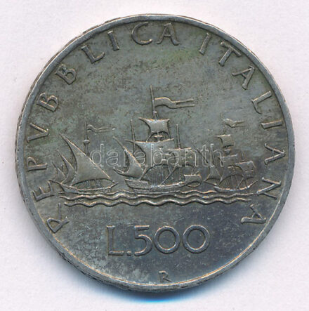 Olaszország 1959R 500L Ag 'Kolumbusz hajói' T:2- patina, ph. Italy 1959R 500 Lire Ag 'Columbus' Ships' C:VF patina, edge error Krause KM#98