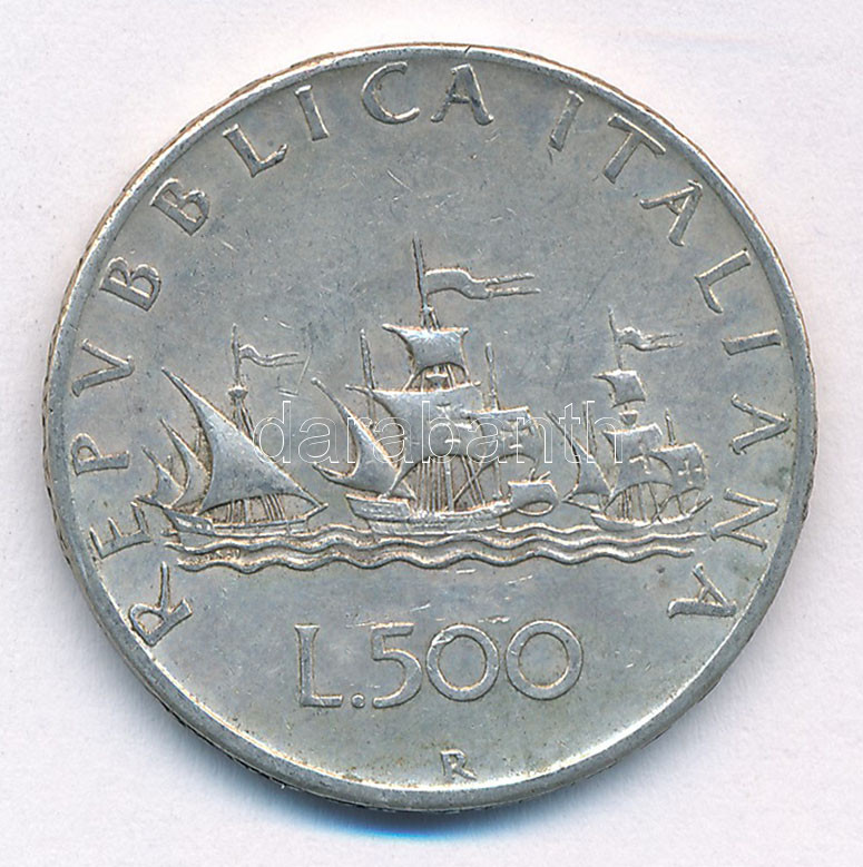 Olaszország 1959R 500L Ag 'Kolumbusz hajói' T:2- patina, ph. Italy 1959R 500 Lire Ag 'Columbus' Ships' C:VF patina, edge error Krause KM#98