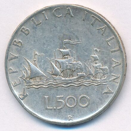 Olaszország 1959R 500L Ag 'Kolumbusz hajói' T:2- patina Italy 1959R 500 Lire Ag 'Columbus' Ships' C:VF patina Krause KM#98